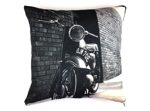 Vintage 1960's photo print cushion cover of a motorcycle