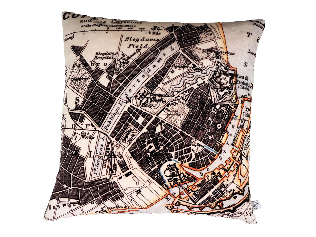 Handmade velvet Copenhagen map print cushion