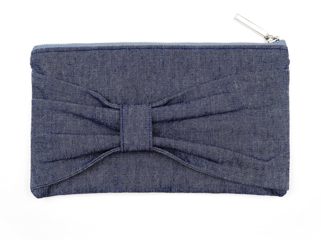Handmade bow front clutch bag in denim