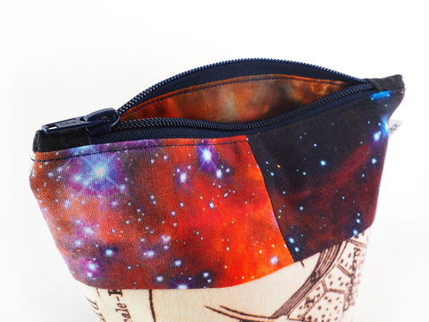 Handmade one of a kind map and galaxy print makeup bag