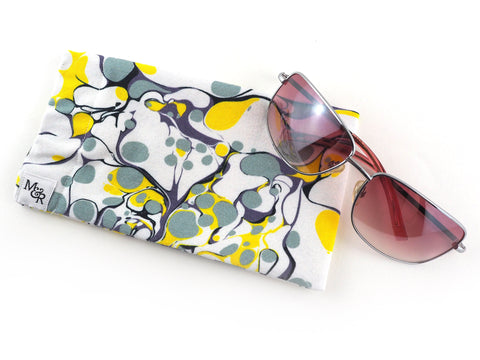 Handmade sunglasses case in grey and yellow marble print