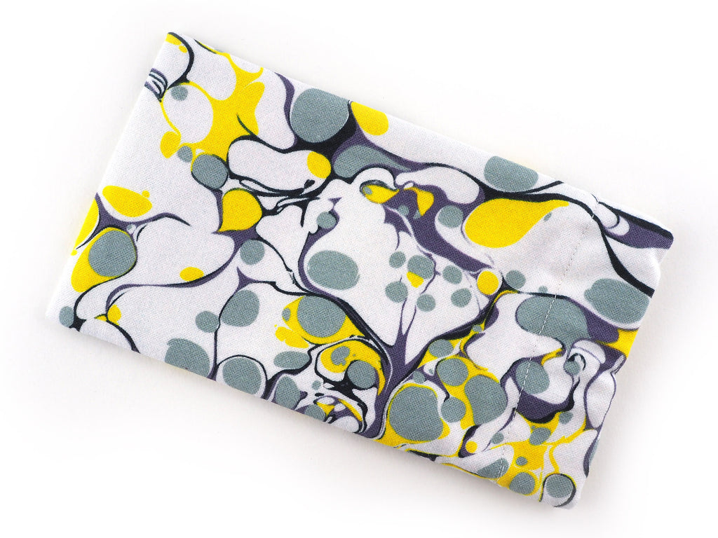Handmade glasses case in grey and yellow marble print fabric