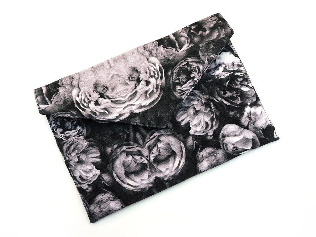 Handmade envelope clutch in rose print fabric