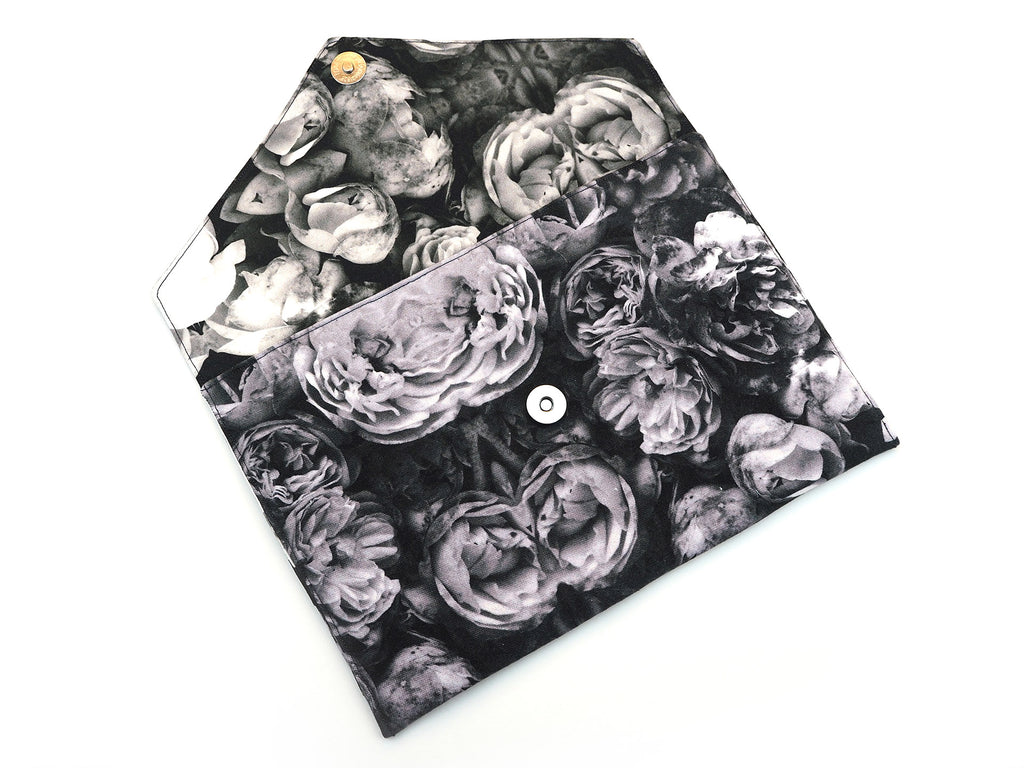 Handmade envelope clutch in grey rose print fabric