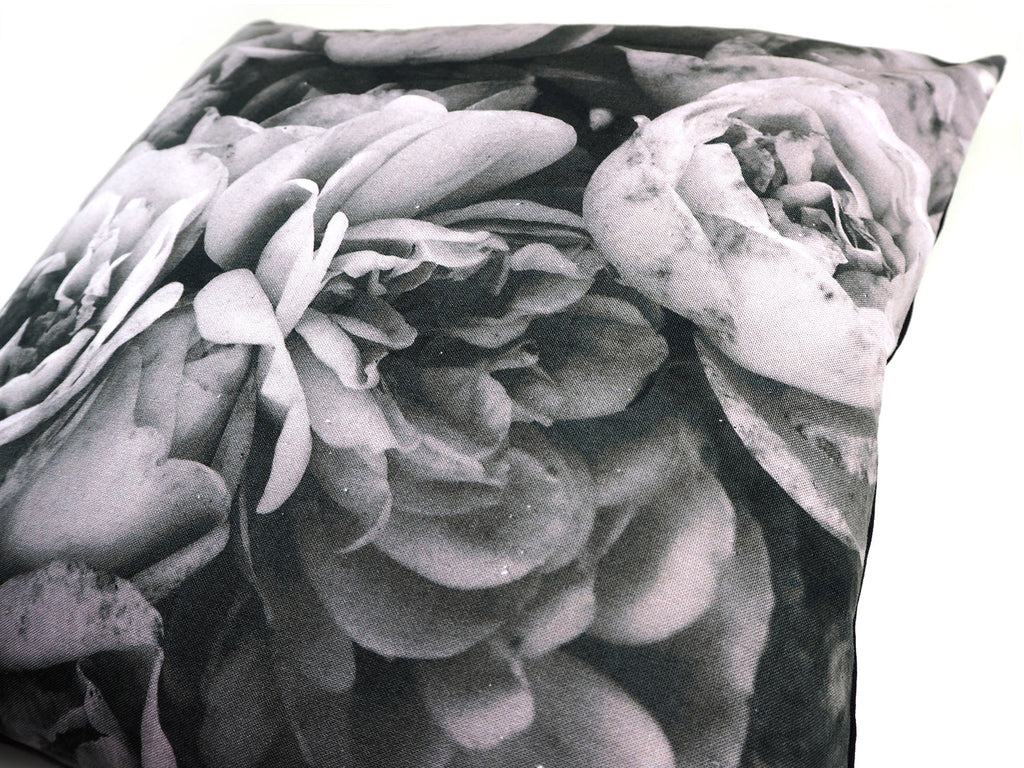 Max & Rosie handmade cushion in large grey rose print fabric detail