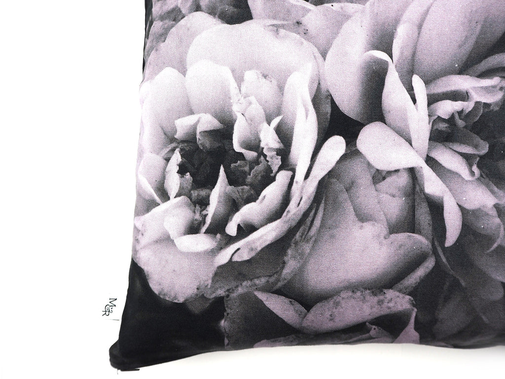 Max & Rosie handmade cushion in large grey rose print fabric close up