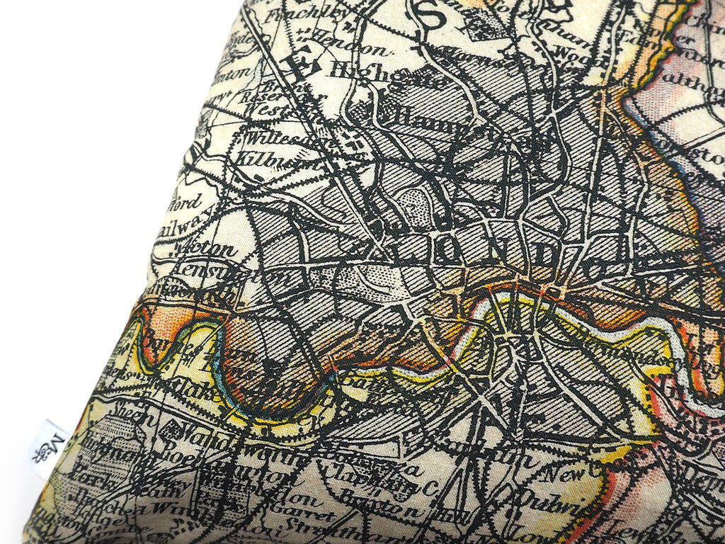 Max & Rosie Handmade cushion in London map print fabric detail