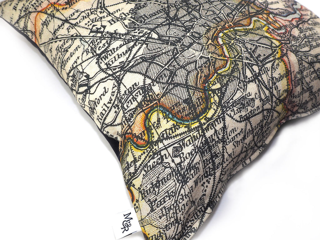Max & Rosie Handmade cushion in London map print fabric corner detail