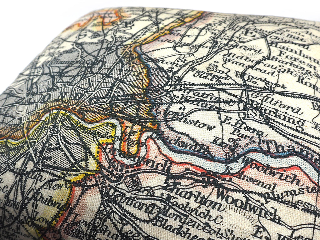 Max & Rosie Handmade cushion in London map print fabric close up