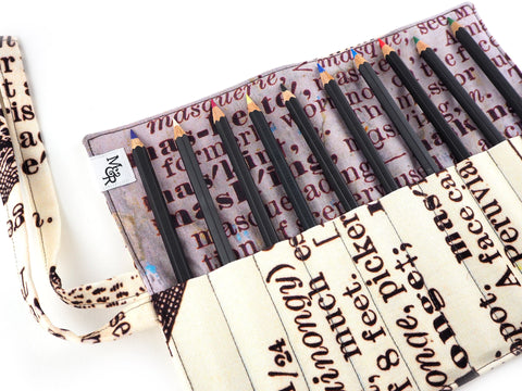 Text print handmade brush and pencil roll