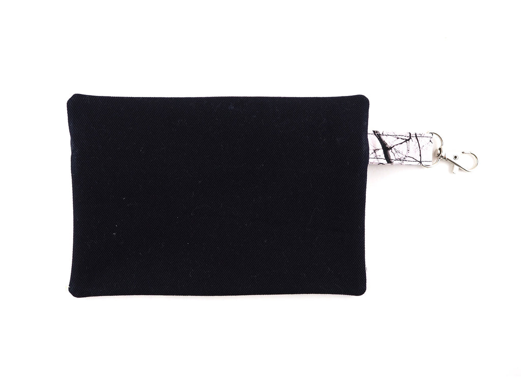 Handmade zipper pouch in monochrome tree print fabric