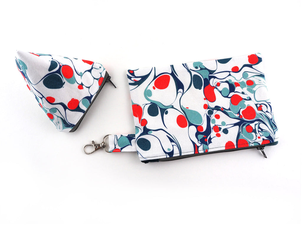 Set of two handmade zipper pouches in marble print fabric