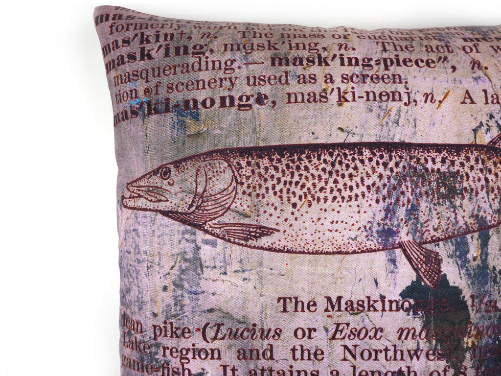 Max & Rosie handmade cushion in antique dictionary Pike fish print fabric detail