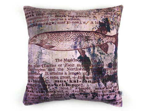 Max & Rosie handmade cushion in antique dictionary Pike fish print fabric