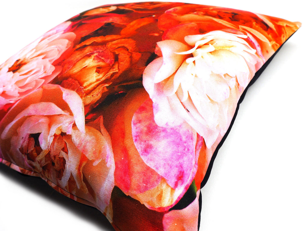 Max & Rosie pink rose print handmade cushion side view