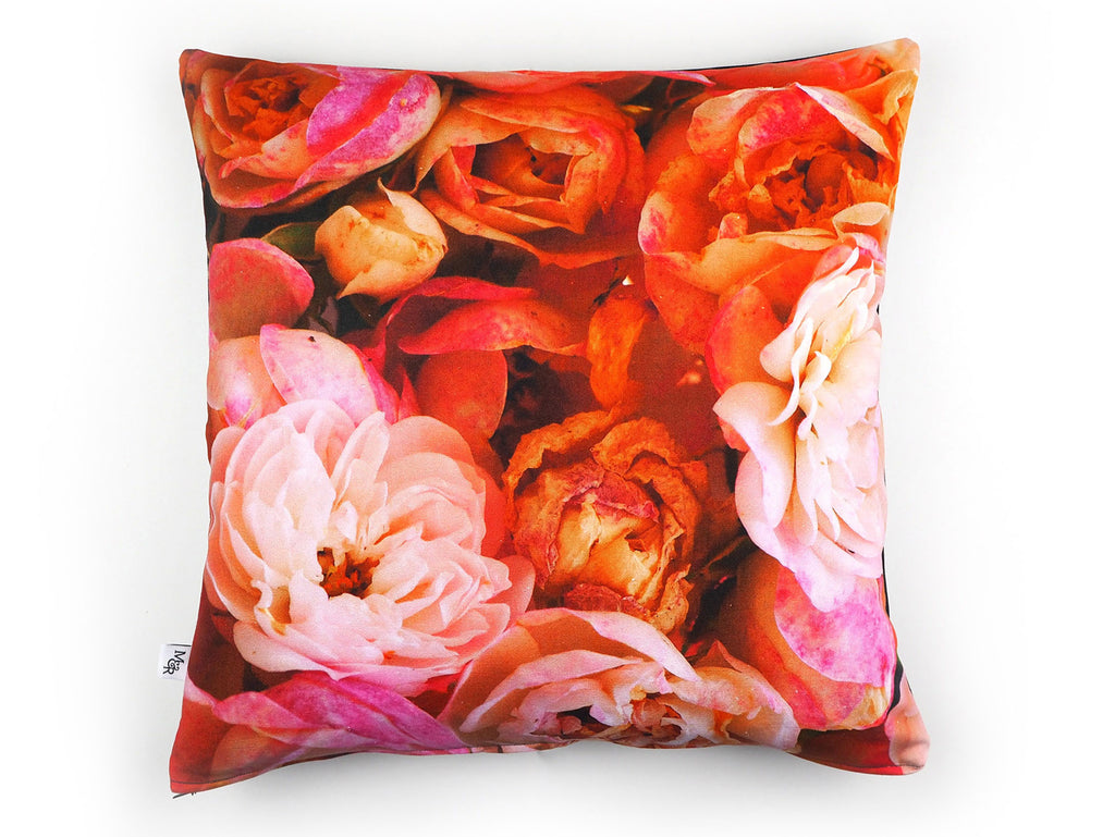 Max & Rosie pink rose print handmade cushion front view
