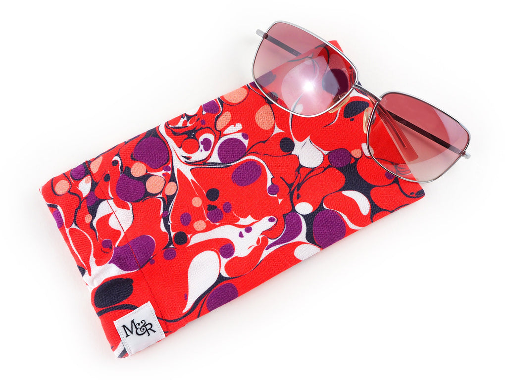 Handmade red marble print glasses case with sunglasses