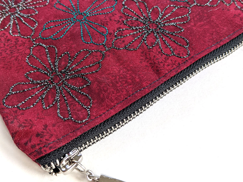 Handmade embroidered burgundy bag with zip