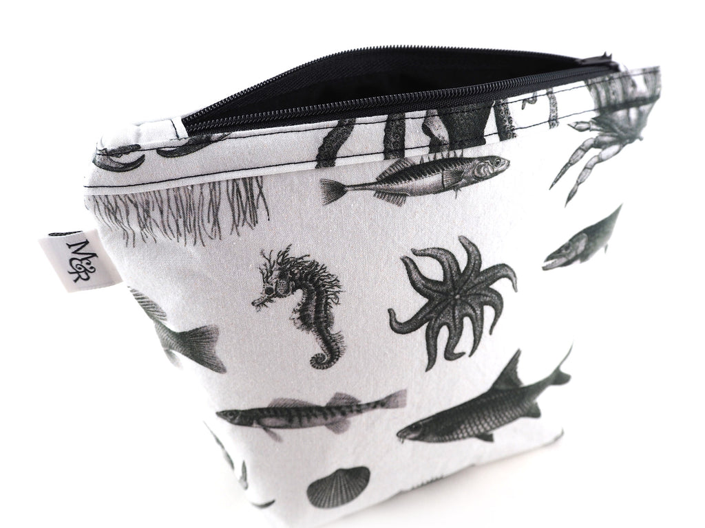 Handmade sea creature print bag with black lining