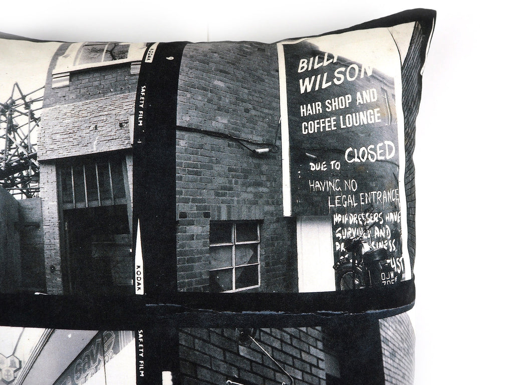 Handmade cushion in vintage 1960s photos print close up