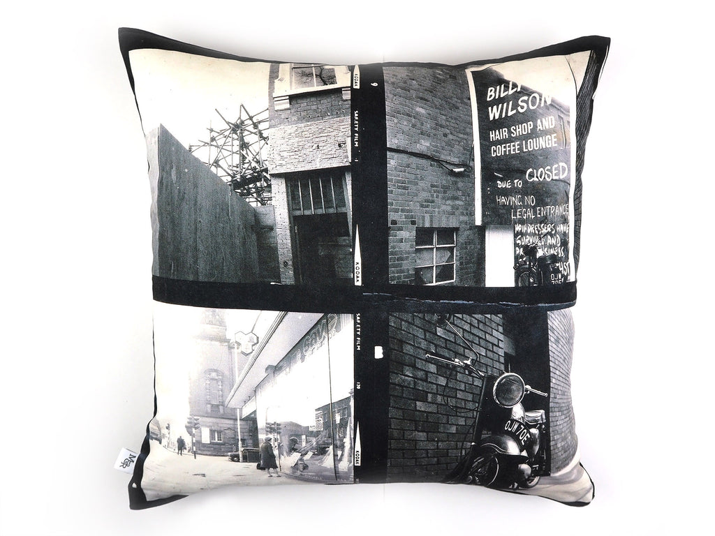 Handmade cushion in vintage 1960s photos print front view
