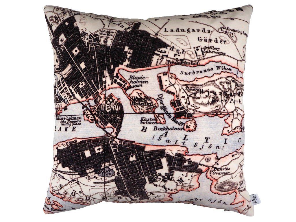 Handmade velvet cushion in antique map print 