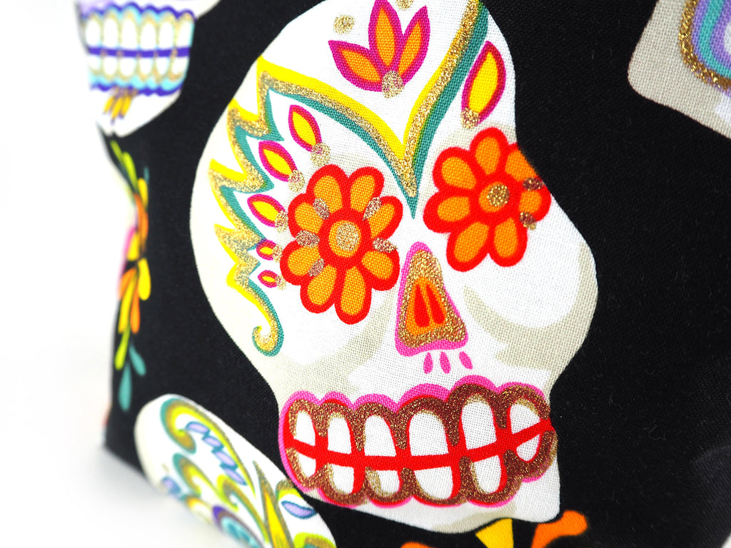 Handmade skull print makeup bag close up