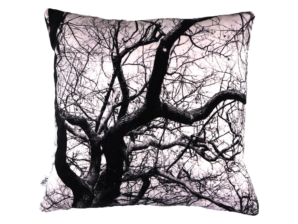 Handmade black and white tree print velvet cushion